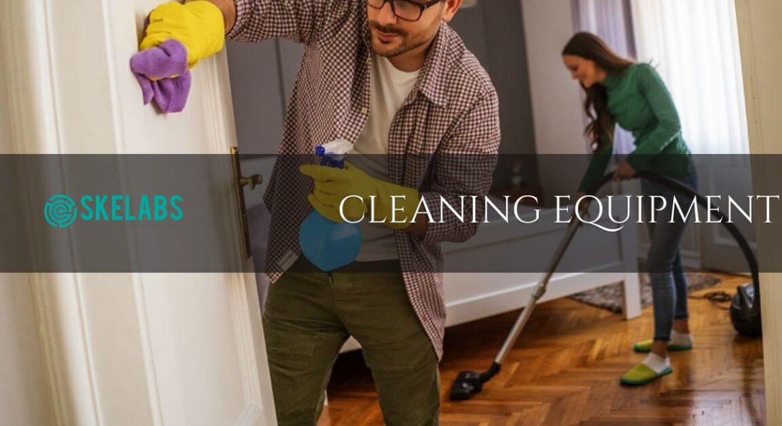 Couple cleaning their home with cleaning equipment